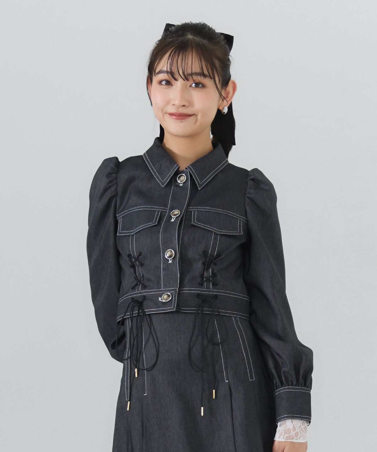 REDYAZEL「デニムライクレースアップショートジャケット」|デニムジャケット|ブラック