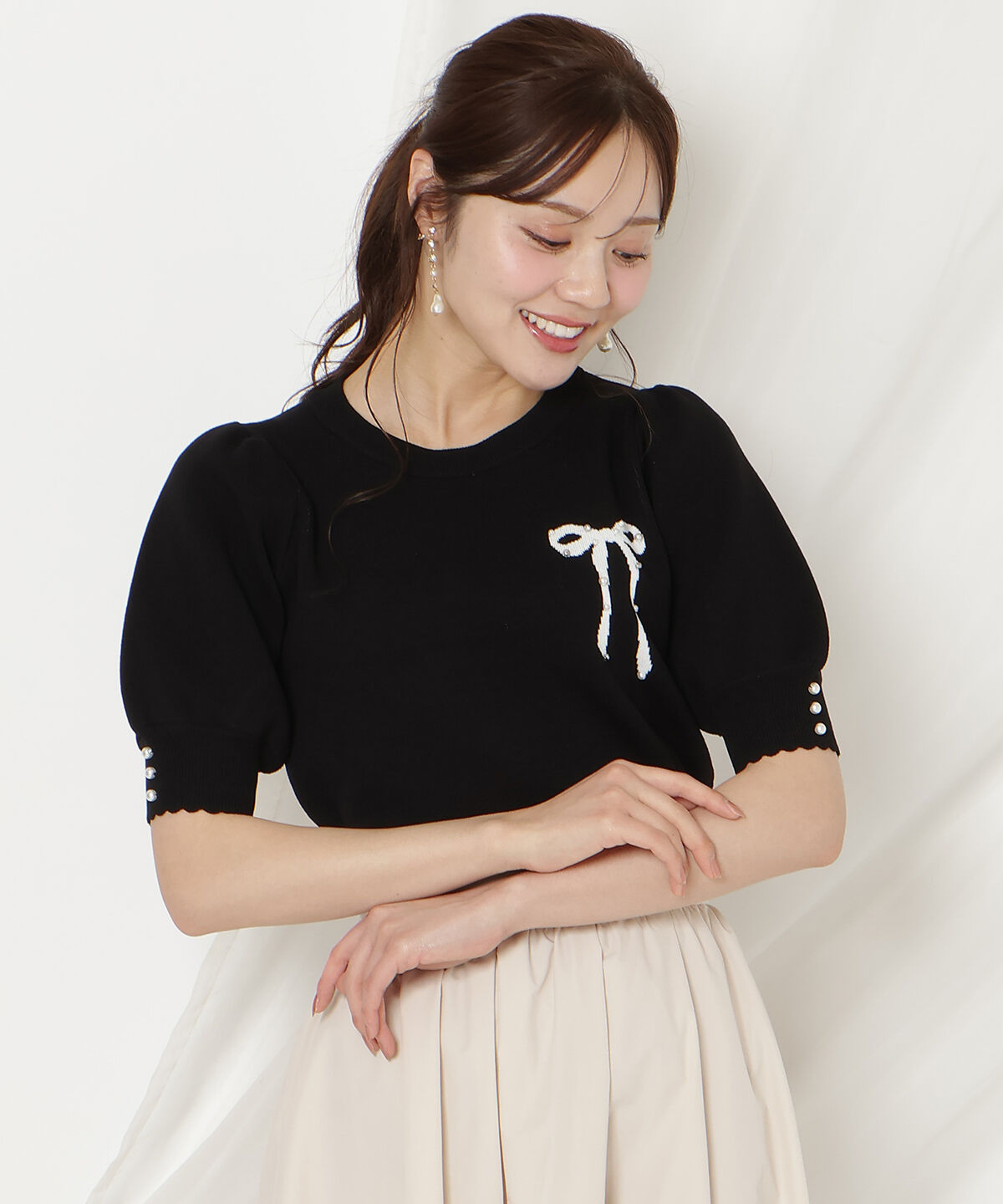 WILLSELECTION「リボンジャガードパフニット」|ニット・セーター|ブラック