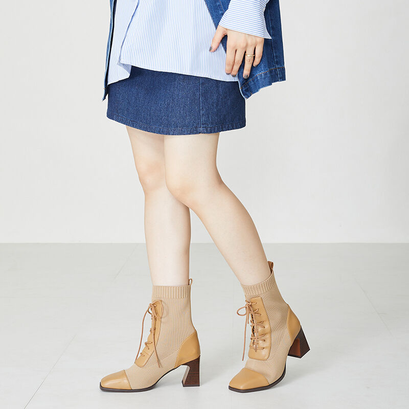 ORiental TRaffic「レースアップニットヒールブーツ/31433」|ショートブーツ|CAMEL