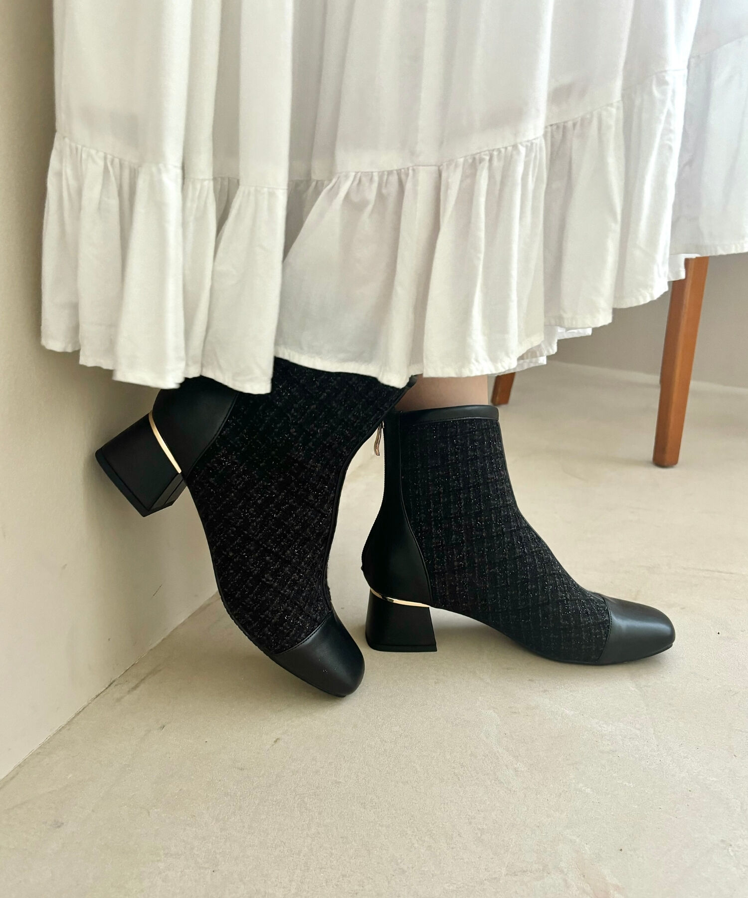 ORiental TRaffic「ツイード 切替 スクエアトゥ ブーツ /41404 ヒール5ｃｍ」|ショートブーツ|BLACK