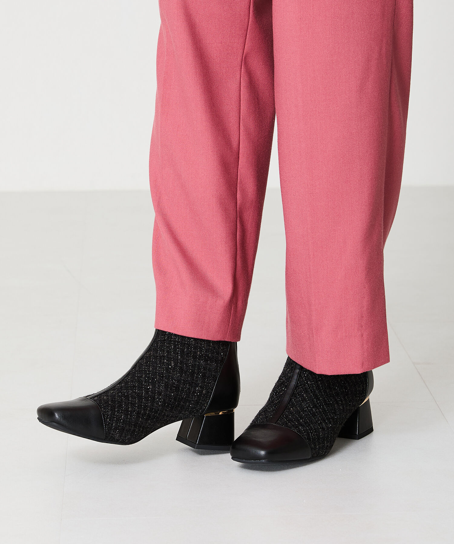 ORiental TRaffic「ツイード 切替 スクエアトゥ ブーツ /41404 ヒール5ｃｍ」|ショートブーツ|