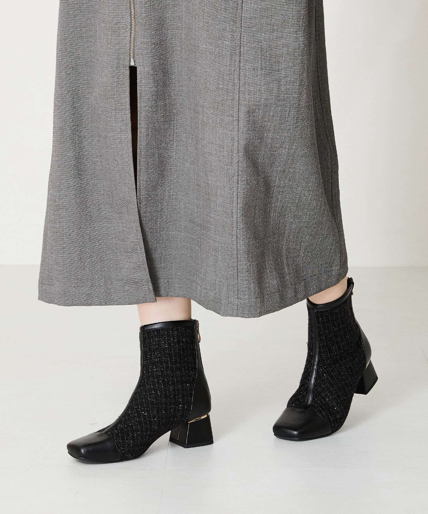 ORiental TRaffic「ツイード 切替 スクエアトゥ ブーツ /41404 ヒール5ｃｍ」|ショートブーツ|