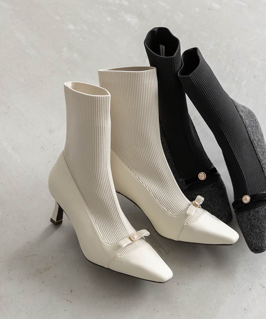  「パールリボンニットドッキングブーツ」|ショートブーツ|