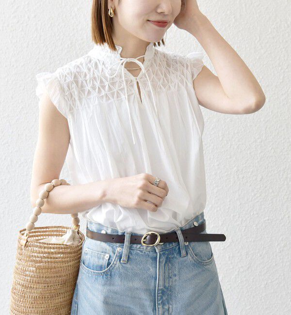 SHIPS any「SHIPS any:〈洗濯機可能〉ハンドスモッキング コットン フリル スタンドカラー ブラウス」|シャツ・ブラウス|