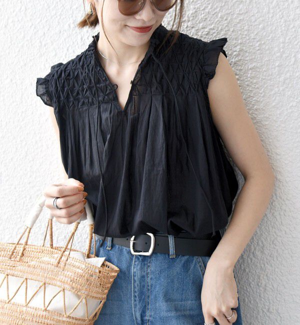 SHIPS any「SHIPS any:〈洗濯機可能〉ハンドスモッキング コットン フリル スタンドカラー ブラウス」|シャツ・ブラウス|ブラック