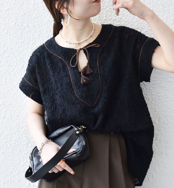 SHIPS any「《追加予約》SHIPS any:〈手洗い可能〉メッシュ ジャカード カフタン スキッパー ブラウス」|シャツ・ブラウス|ブラック