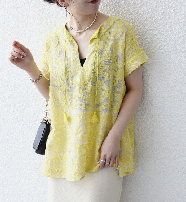 SHIPS any「《追加予約》SHIPS any:〈手洗い可能〉メッシュ ジャカード カフタン スキッパー ブラウス」|シャツ・ブラウス|