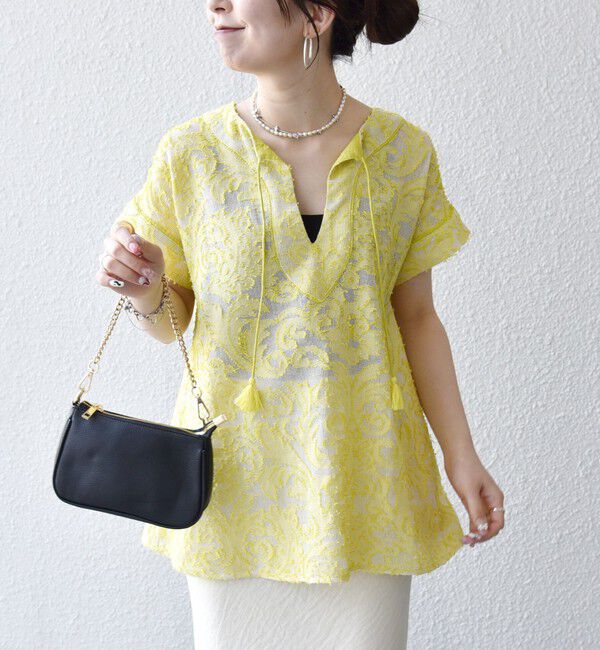 SHIPS any「《追加予約》SHIPS any:〈手洗い可能〉メッシュ ジャカード カフタン スキッパー ブラウス」|シャツ・ブラウス|