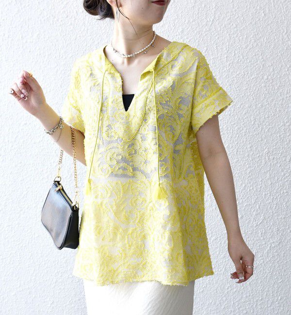 SHIPS any「《追加予約》SHIPS any:〈手洗い可能〉メッシュ ジャカード カフタン スキッパー ブラウス」|シャツ・ブラウス|