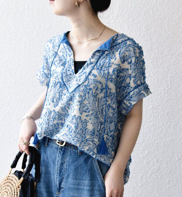 SHIPS any「《追加予約》SHIPS any:〈手洗い可能〉メッシュ ジャカード カフタン スキッパー ブラウス」|シャツ・ブラウス|