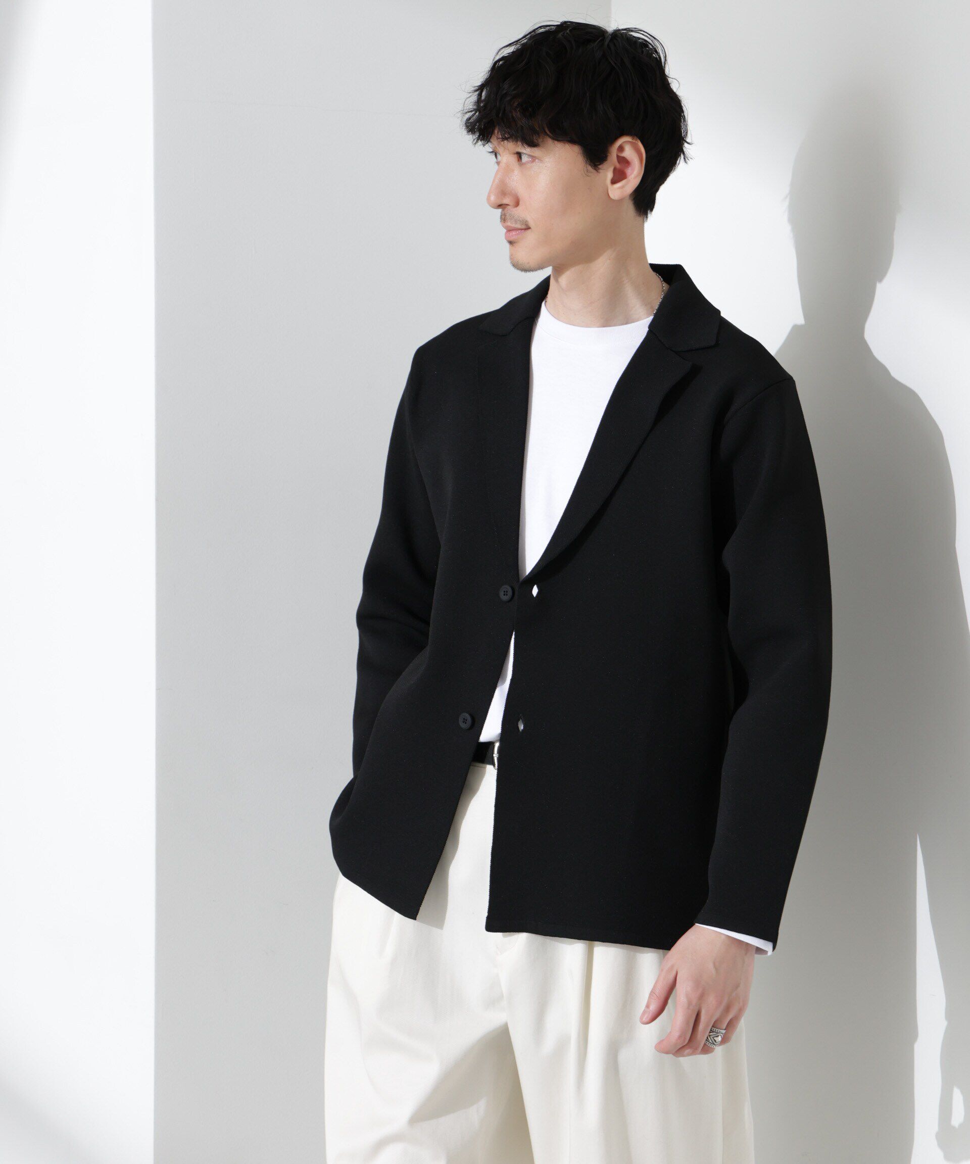 nano･universe「スポンディッシュ ミラノリブ テーラードジャケット」|ニット・セーター|ブラック