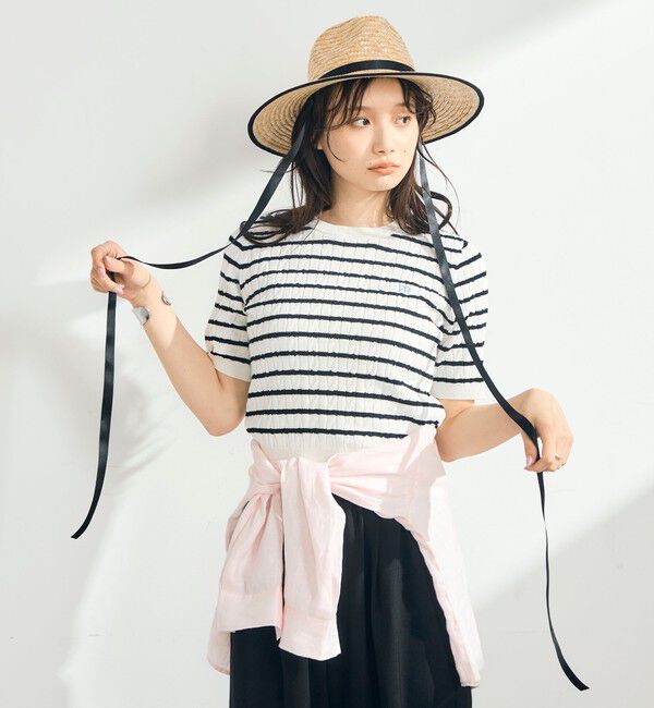 fredy emue「【WEB限定/大人気シリーズ】FR刺しゅうケーブル柄半袖プルオーバーニット」|ニット・セーター|ホワイト系その他