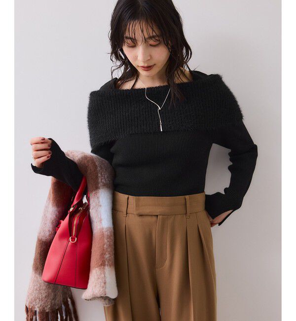 VIS「フェザーヤーンオフショルもちもちリブニット/イージーケア」|ニット・セーター|ブラック(01)