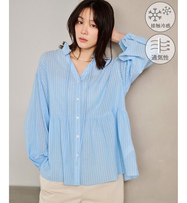 Rope&rsquo;Picnic「お着軽シャツシリーズ フリルカラーシアーペプラムブラウス/接触冷感・通気性」|シャツ・ブラウス|ブルー系(45)