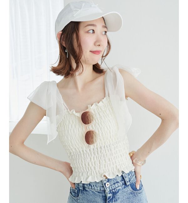 MAJESTICLEGON「カップ付肩リボンシャーリングキャミ」|キャミソール|