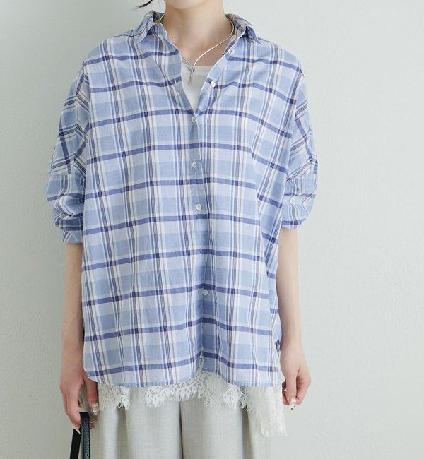  「綿麻チェックオーバーシャツブラウス」|シャツ・ブラウス|ネイビー