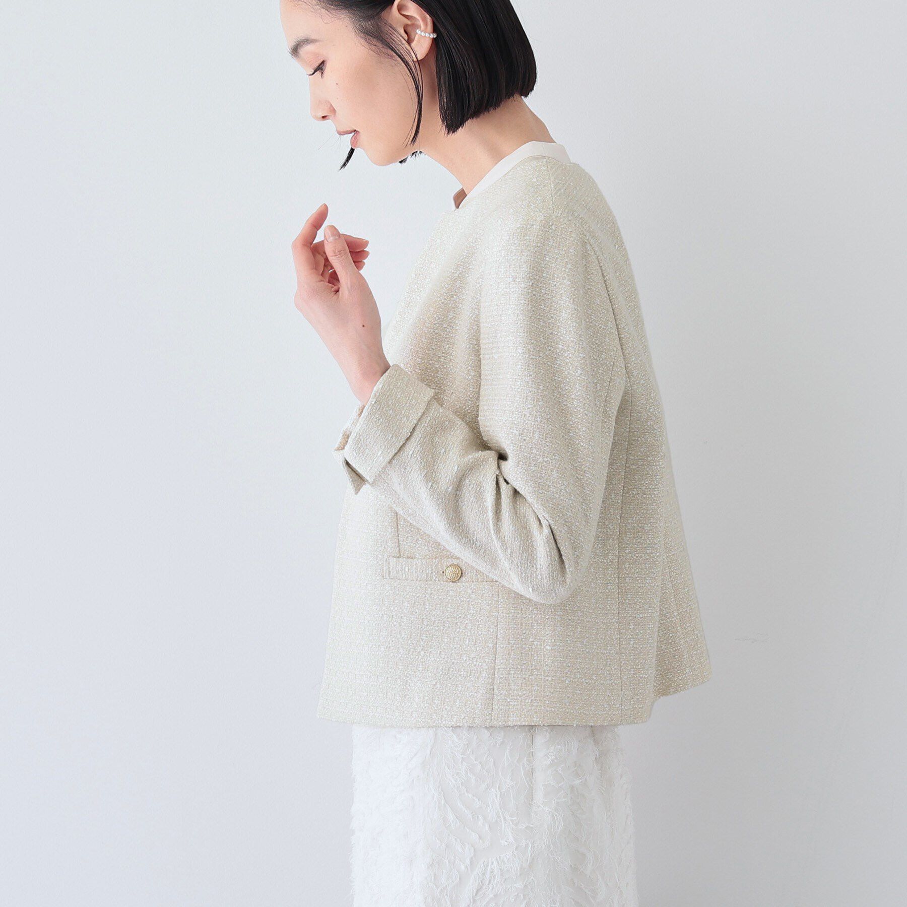 INDIVI「【華やか】ファンシーツイードジャケット」|ノーカラージャケット|