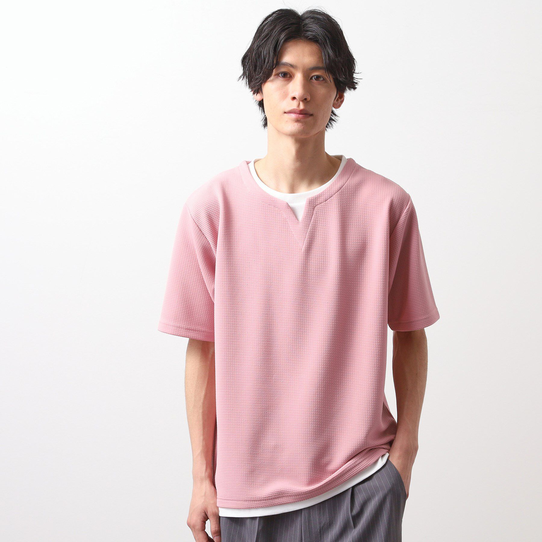 THE SHOP TK「ミニフクレキーネック半袖Tシャツ」|Tシャツ・カットソー|ピンク(072)