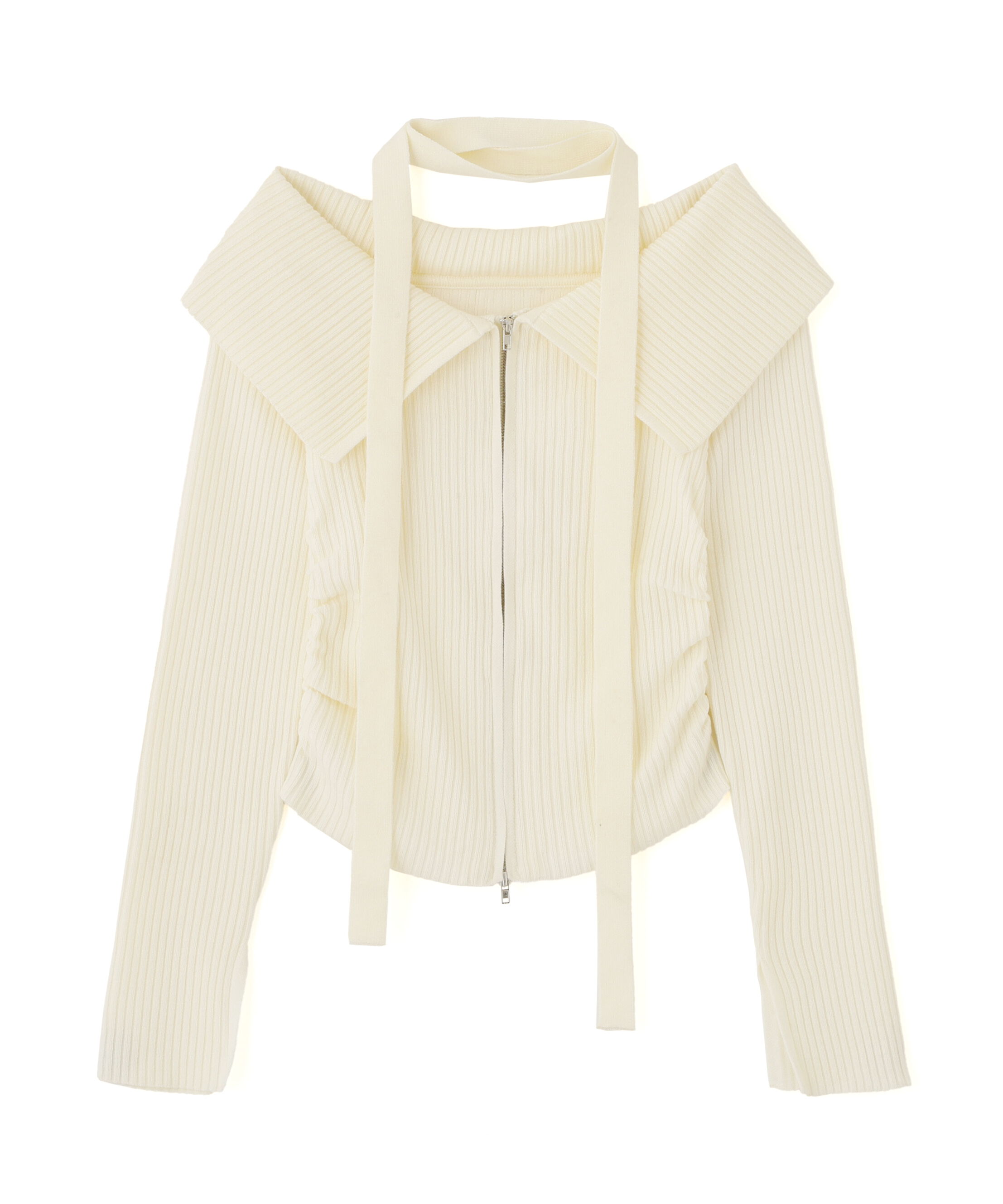  「フロントジップリブ衿オフショルニット」|ニット・セーター|