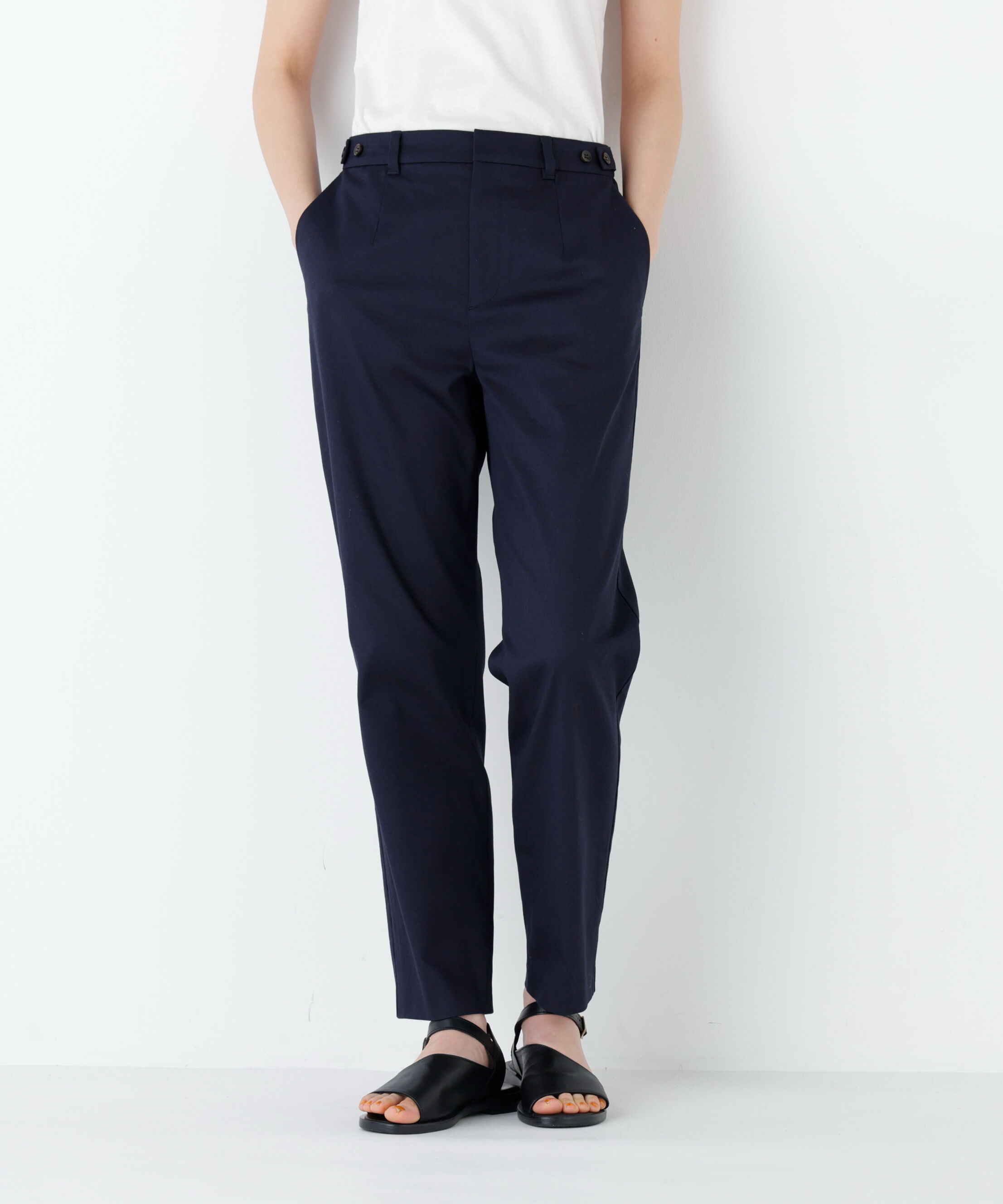  「ピケストレッチ細身ストレートパンツ」|その他|ネイビー