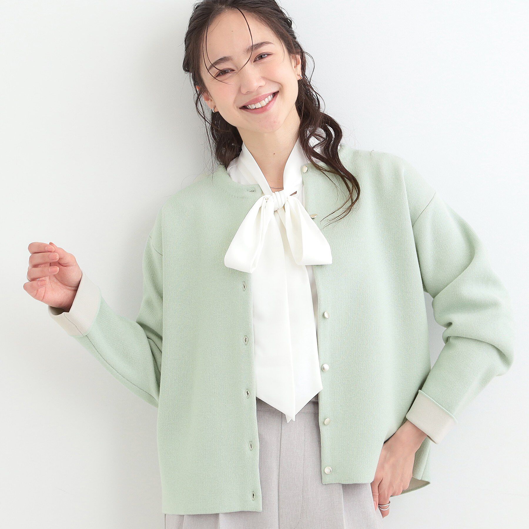 SHOO･LA･RUE「【洗濯機可/S-LL】品良くきまる 配色カーディガン」|カーディガン|ライトグリーン(02