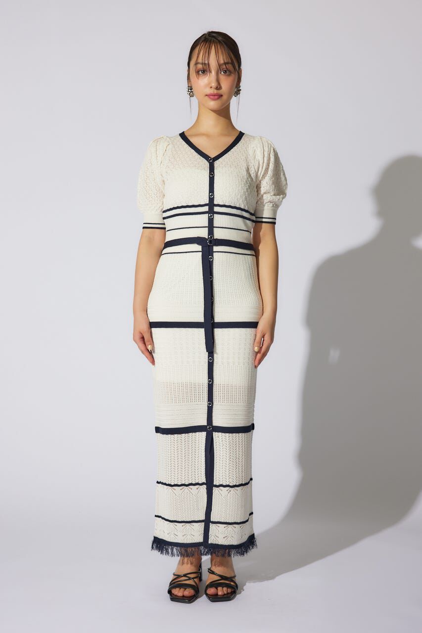 rienda「2WAYフリンジライン配色クロシェニットワンピース」|ワンピース|