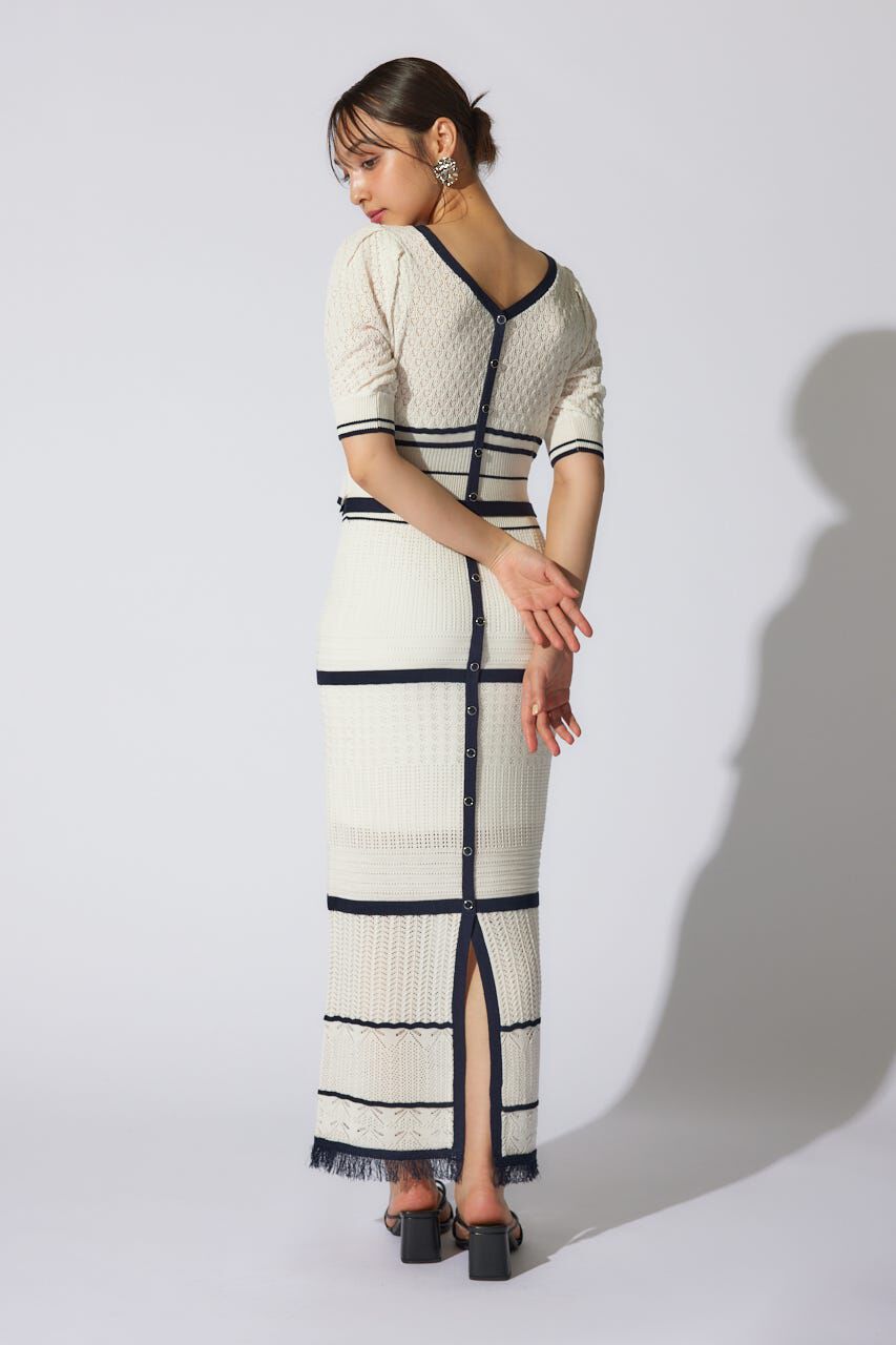 rienda「2WAYフリンジライン配色クロシェニットワンピース」|ワンピース|