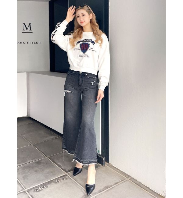 GYDA「ハイウエストレースデザインフレアデニムパンツ」|デニム|