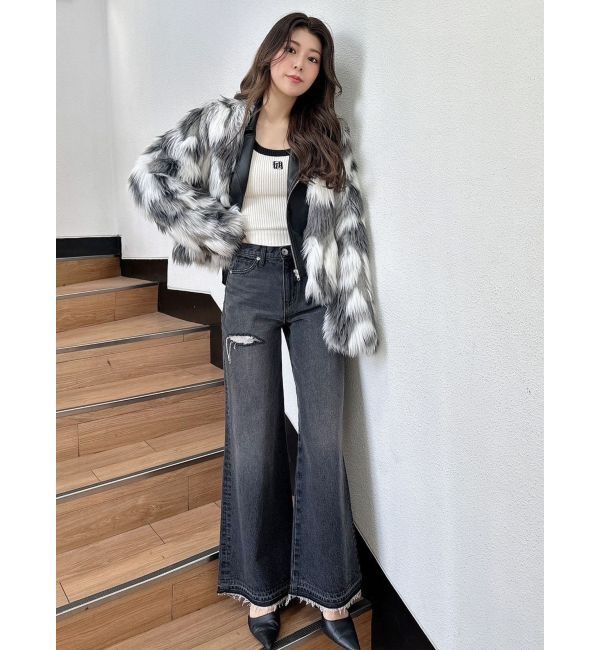 GYDA「ハイウエストレースデザインフレアデニムパンツ」|デニム|