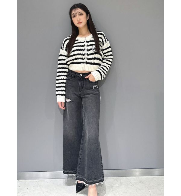 GYDA「ハイウエストレースデザインフレアデニムパンツ」|デニム|