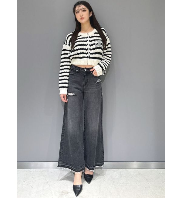 GYDA「ハイウエストレースデザインフレアデニムパンツ」|デニム|