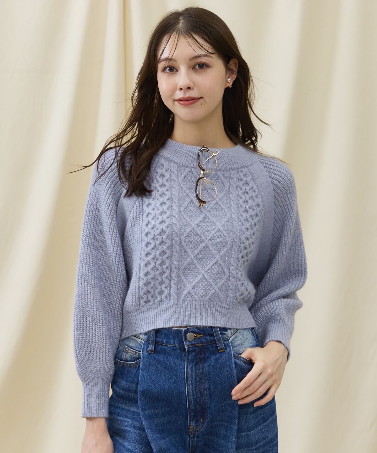 アンドクチュール「ラメケーブルクロップドプルオーバー」|ニット・セーター|