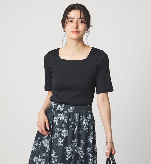 UNITED ARROWS green label relaxing「ブライトリブ スクエアネック 5分袖 プルオーバー カットソー」|Tシャツ・カットソー|BLACK