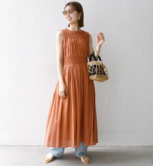 SHIPS any「《一部追加予約》【WEB限定】SHIPS any: ハンドスモッキング  コットン フレア ノースリーブ ワンピース」|ワンピース|