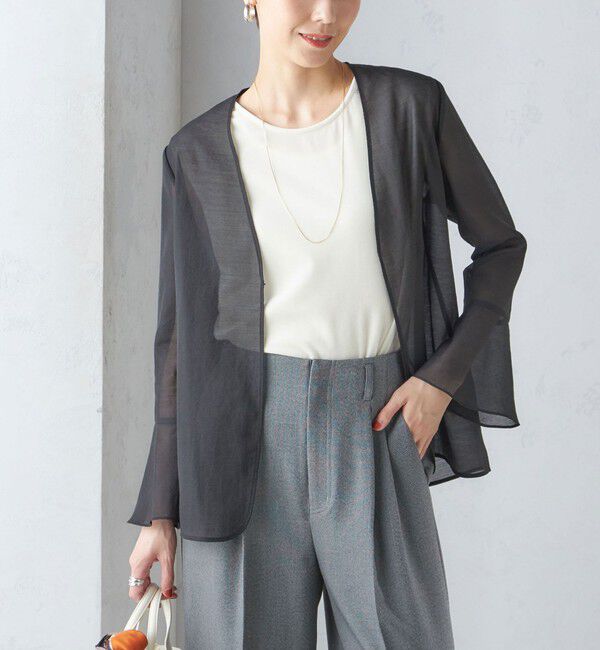 SHIPS for women「〈手洗い可能〉シアー オーガンジー フレア スリーブ ジャケット」|ノーカラージャケット|ブラック