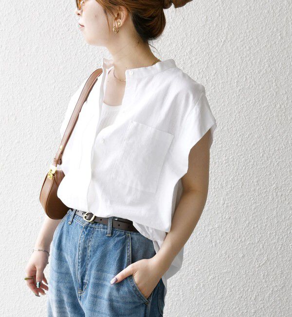 SHIPS any「SHIPS any:〈洗濯機可能〉リネン コットン バンドカラー フレンチスリーブ ポケット シャツ」|シャツ・ブラウス|