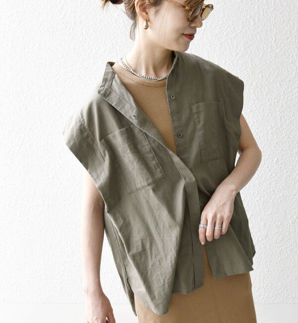 SHIPS any「SHIPS any:〈洗濯機可能〉リネン コットン バンドカラー フレンチスリーブ ポケット シャツ」|シャツ・ブラウス|カーキ