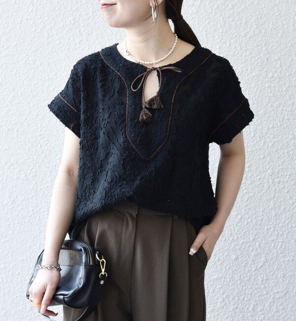 SHIPS any「《追加予約》SHIPS any:〈手洗い可能〉メッシュ ジャカード カフタン スキッパー ブラウス」|シャツ・ブラウス|