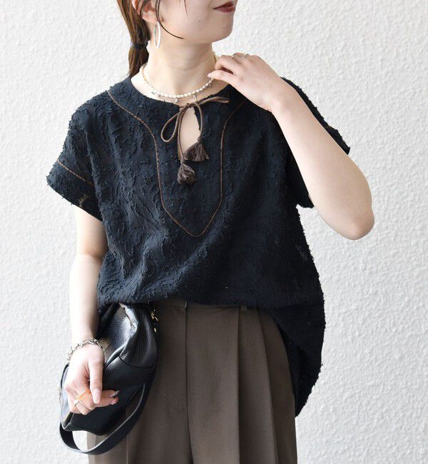 SHIPS any「《追加予約》SHIPS any:〈手洗い可能〉メッシュ ジャカード カフタン スキッパー ブラウス」|シャツ・ブラウス|