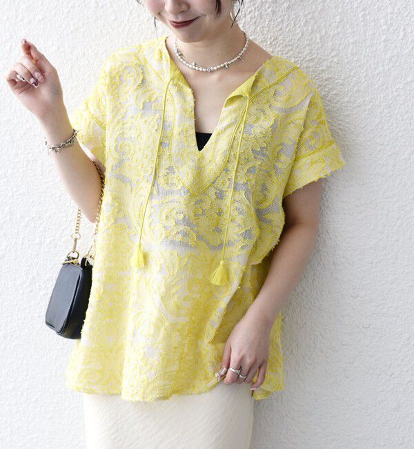 SHIPS any「《追加予約》SHIPS any:〈手洗い可能〉メッシュ ジャカード カフタン スキッパー ブラウス」|シャツ・ブラウス|イエロー