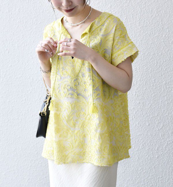 SHIPS any「《追加予約》SHIPS any:〈手洗い可能〉メッシュ ジャカード カフタン スキッパー ブラウス」|シャツ・ブラウス|