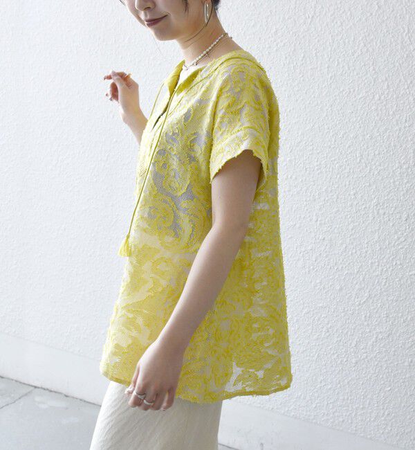 SHIPS any「《追加予約》SHIPS any:〈手洗い可能〉メッシュ ジャカード カフタン スキッパー ブラウス」|シャツ・ブラウス|