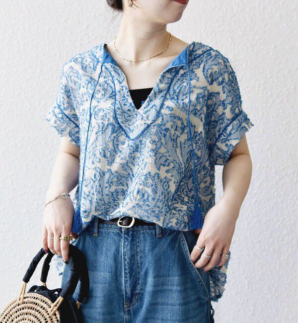 SHIPS any「《追加予約》SHIPS any:〈手洗い可能〉メッシュ ジャカード カフタン スキッパー ブラウス」|シャツ・ブラウス|