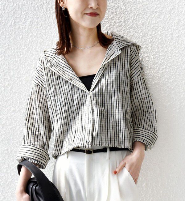 SHIPS for women「【WEB限定】〈手洗い可能〉ストライプ フード 羽織り シャツ」|シャツ・ブラウス|オフホワイト