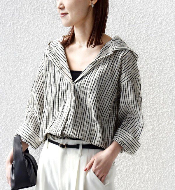 SHIPS for women「【WEB限定】〈手洗い可能〉ストライプ フード 羽織り シャツ」|シャツ・ブラウス|