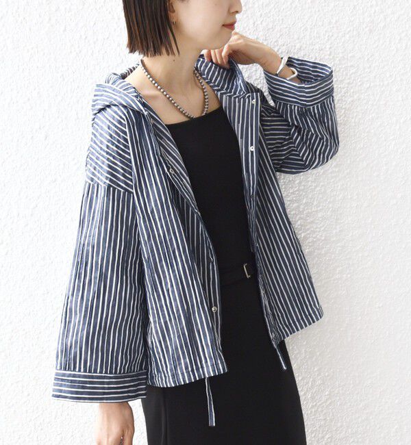 SHIPS for women「【WEB限定】〈手洗い可能〉ストライプ フード 羽織り シャツ」|シャツ・ブラウス|ネイビー
