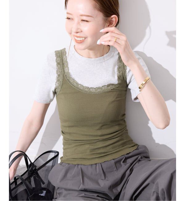 SLOBE IENA「レースリブインナー」|タンクトップ|カーキ