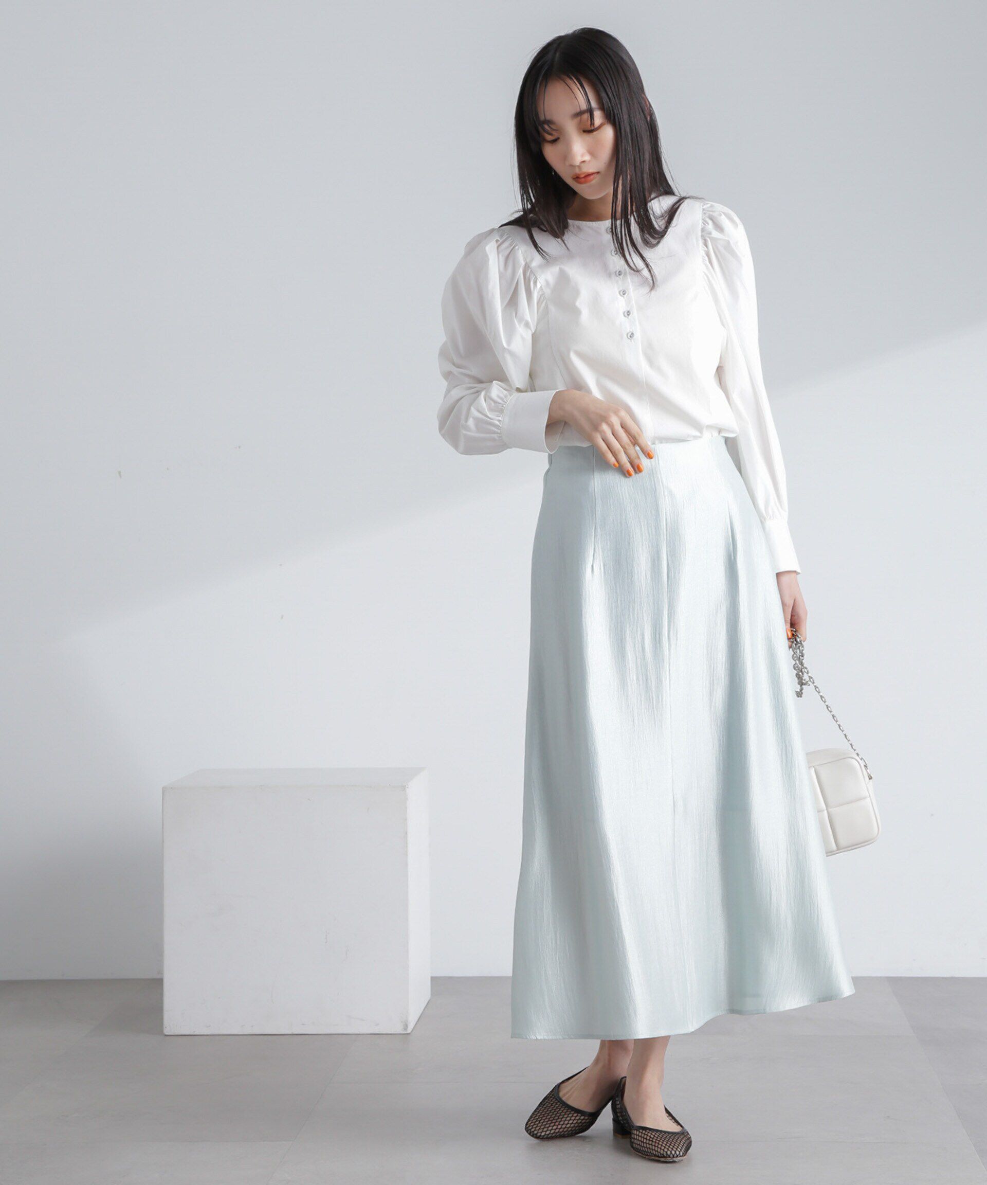 nano･universe「シャイニーサテンロングスカート」|スカート|