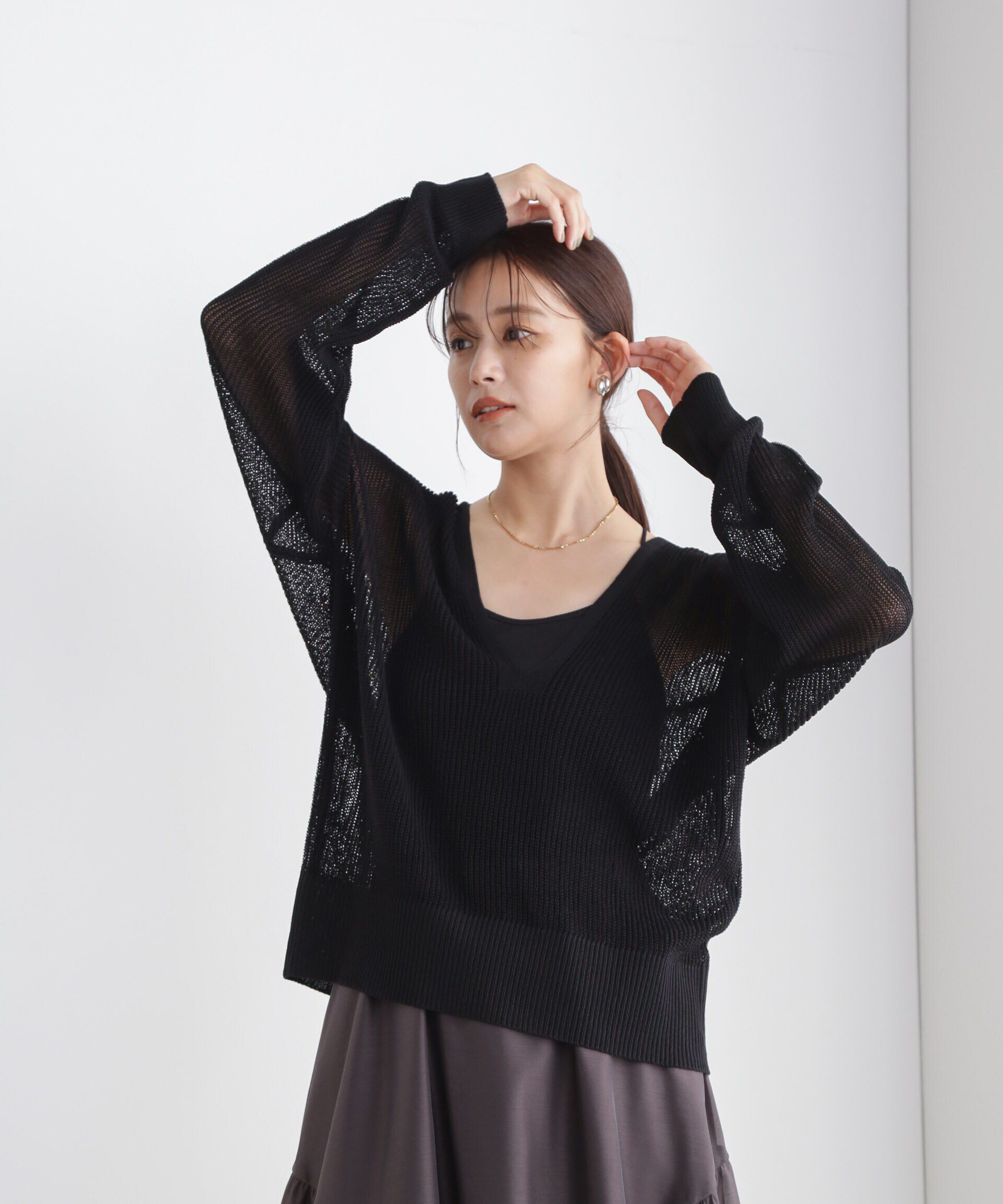 nano･universe「DeepVネックシアー畔ニット」|ニット・セーター|ブラック