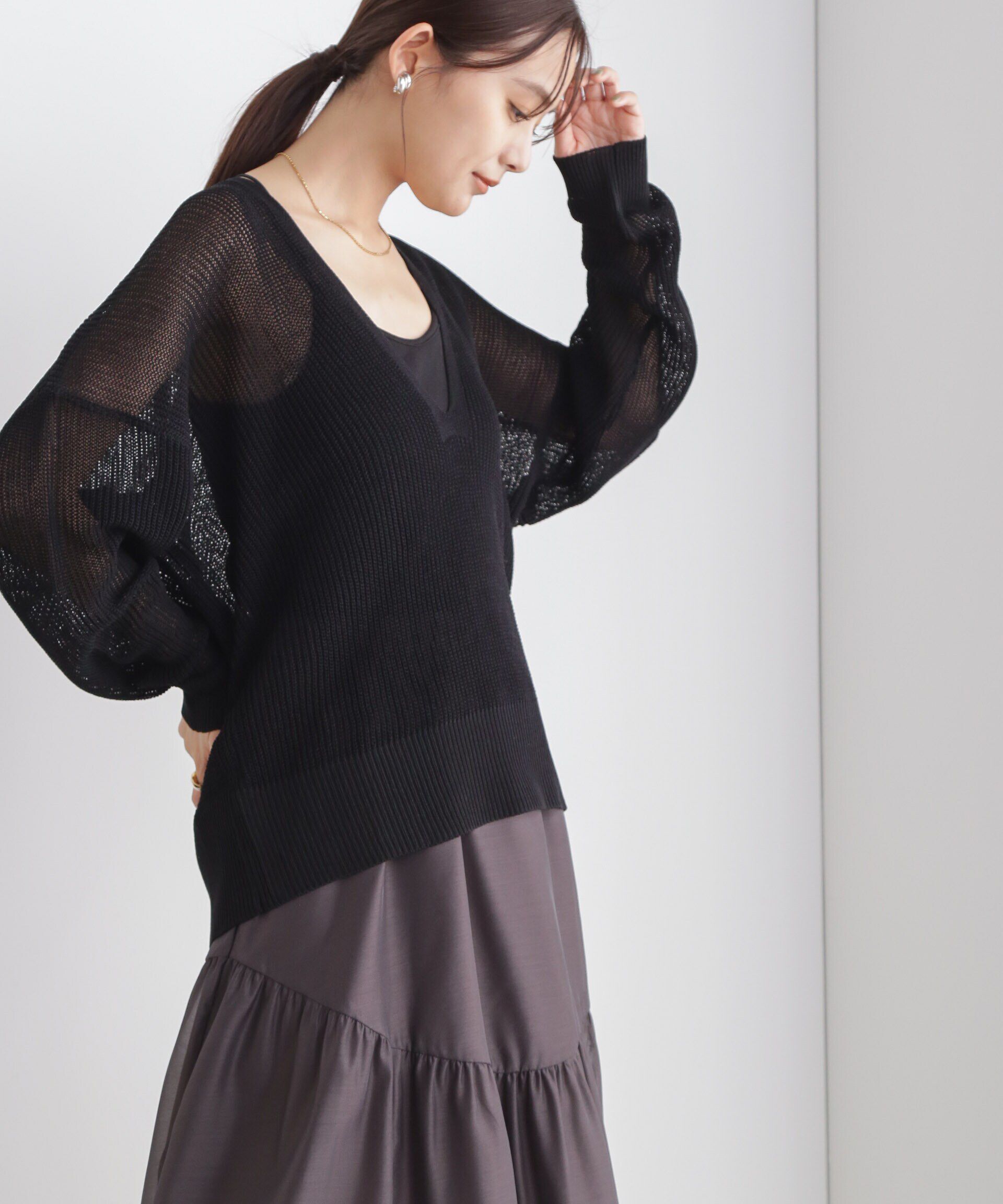 nano･universe「DeepVネックシアー畔ニット」|ニット・セーター|